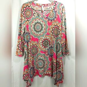 Paisley Grace Pink Mandela Print Round Neck Hankerchief Hem Blouse Top Size L‎